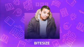 Bitesize English Literature podcasts promo image with host Testament and English icons in the background.