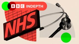 A NHS sign in red and a stethoscope in black and white