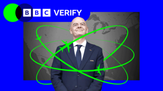 Fifa President Gianni Infantino in a suit, with a map of North America in the background and a bright green illustrated flight path looping around him and small airplane icons tracing the routes. A blue border is around the image and in the top left reads “BBC Verify"