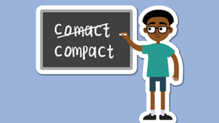 A boy crosses fixes a misspelling of the word 'compact' on a blackboard.