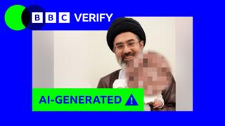An AI-generated image of Mojtaba Khamenei, Iran's Supreme Leader, holding a baby. The baby's face is pixelated. There is blue and green BBC Verify branding on the top left.