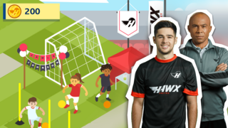 Jamie and Coach are standing in front of a screenshot of a management game where you build a football festival
