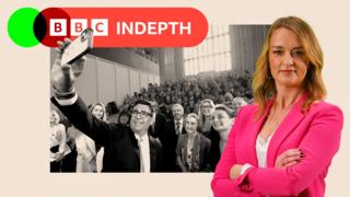Andy Burnham taking a selfie with a group of people, on the right is an image of Laura Kuenssberg
