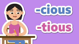 A girl writing next to the endings -cious and -tious