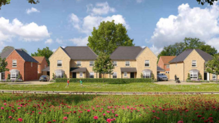 An architect's drawing of the designs for the homes, showing four detached properties in a row, with red and cream-coloured bricks and green space in front