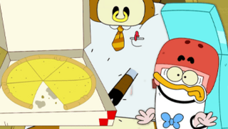 Duck is looking shocked next to an empty pizza