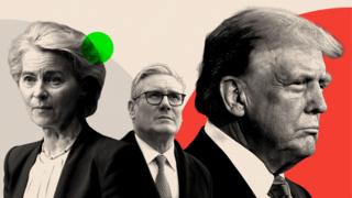 Black and white headshots of European Commission President Ursula von der Leyen, US president Donald Trump and UK Prime Minister Keir Starmer