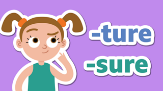 A girl thinking next to the endings -ture and -sure