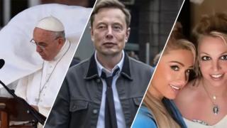 Split image of Pope Francis (left), an AI generated image of Elon Musk (middle) and an image of Paris Hilton and Britney Spears (right).