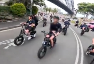 A split screen showing teens riding down a road on fatbikes in Sydney