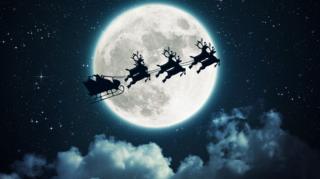 Santa's reindeer flying in front of the moon.
