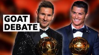Lionel Messi and Cristiano Ronaldo holding their respective Balon d'Ors
