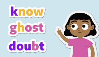 A girl pointing at words with their silent letters highlighted.