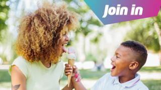Woman pretending to steal ice cream from a child
