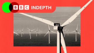 A treated image of multiple offshore wind turbines