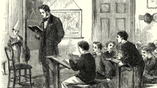 Drawing of a Victorian classroom scene.