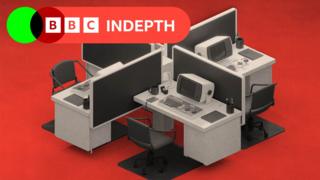 A retro modular style office set-up showing four desks and computers partitioned. The image has a red background