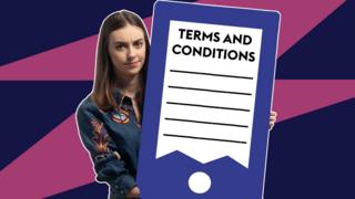 A young woman with a concerned look on her face is holding a giant tablet (illustrated) - on the screen, text reads TERMS AND CONDITIONS.