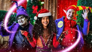 Picklestorm characters wearing christmas hats in front of christmas trees