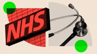 A NHS sign in red and a stethoscope in black and white