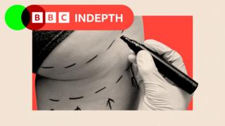 A montage image shows photograph of a hand in a white latex glove holding a black marker pen and marking a woman's right buttock and thigh with two broken lines and a row of three arrows pointing upwards. The photograph is in black and white and there is a red background, with a beige border and a BBC InDepth logo in the top left-hand corner.