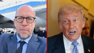 A split image shows a man in a blue suit standing in front of Air Force One on the left and President Trump is on the right.