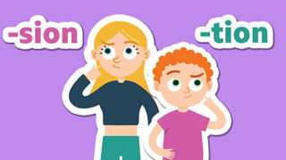 A boy and a girl thinking next to the -sion and -tion word endings.