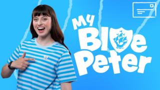 Abby points to her Blue Peter badge, text is My Blue Peter. Sign in to earn your badges.