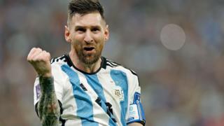 Lionel Messi of Argentina celebrates scoring the third goal during the FIFA World Cup 2022 Final.