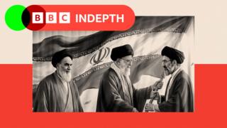 A billboard featuring the images of the late founder of the Islamic Revolution supreme leader Ayatollah Ruhollah Khomeini (L), the Iran's slain supreme leader Ali Khamenei (C) and his son, the current supreme leader Mojtaba Khamenei, along the street in Tehran