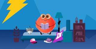 A cartoon character (a round red ball with eyes, a smile) is reading a book - sat on a bed.