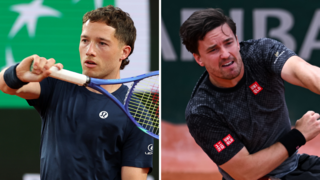 Split image of Alfie Hewett and Gordon Reid in action at the French Open
