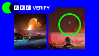 Stills from a video of a drone strike in Kuwait, in BBC Verify branding