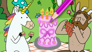 Super Happy Magic Forest characters eating cake