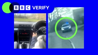 A graphical composite image showing two screen grabs from a video shot inside a car next to the BBC Verify logo.