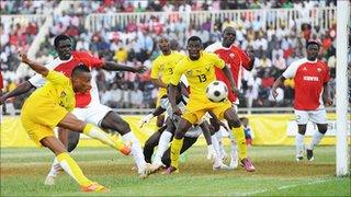 Kenya's Harambee Stars recorded a narrow 2-1 win over Togo (in yellow) on Wednesday