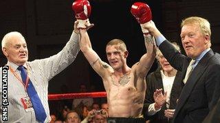 Ricky Burns is flanked by manager Alex Morrison and promoter Frank Warren