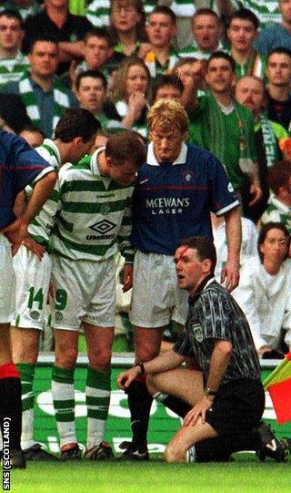 Hugh Dallas with Celtic and Rangers players