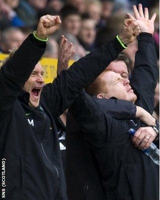 Lennon (right) and his backroom staff celebrated early at Rugby Park