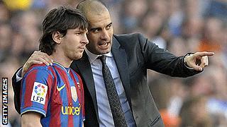 Barcelona's Lionel Messi and Pep Guardiola