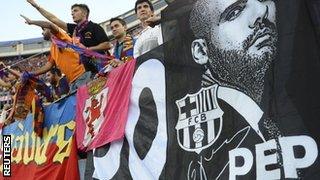 Barcelona fans pay tribute to Guardiola during the Copa del Rey final victory over Athletic Bilbao.