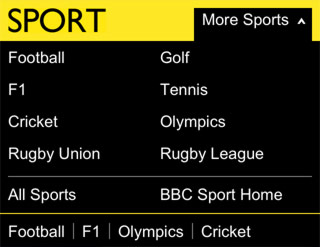 BBC Sport mobile homepage dropdown