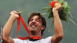 Cancellara celebrates his gold medal at the Beijing Olympics in 2008