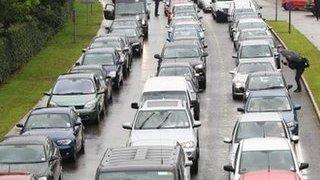 Large traffic jam formed outside the circuit during practice for the British Grand Prix at Silverstone