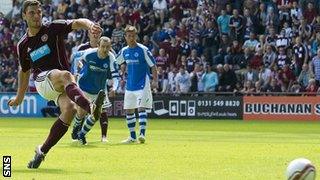 Hearts striker John Sutton scores a penalty against St Johnstone