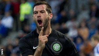 Joe Ledley celebrates scoring for Celtic against HJK Helsinki