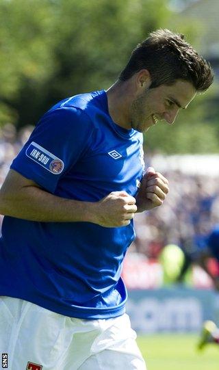 Andy Little celebrates after putting Rangers ahead at Shielfield Park