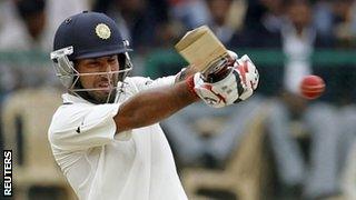 Chiteshwar Pujara batting in India's second test against New Zealand