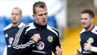 Jordan Rhodes trains with Scotland at Greenock Morton's Cappielow Park