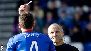 Owain Tudur Jones is shown a red card by George Salmond